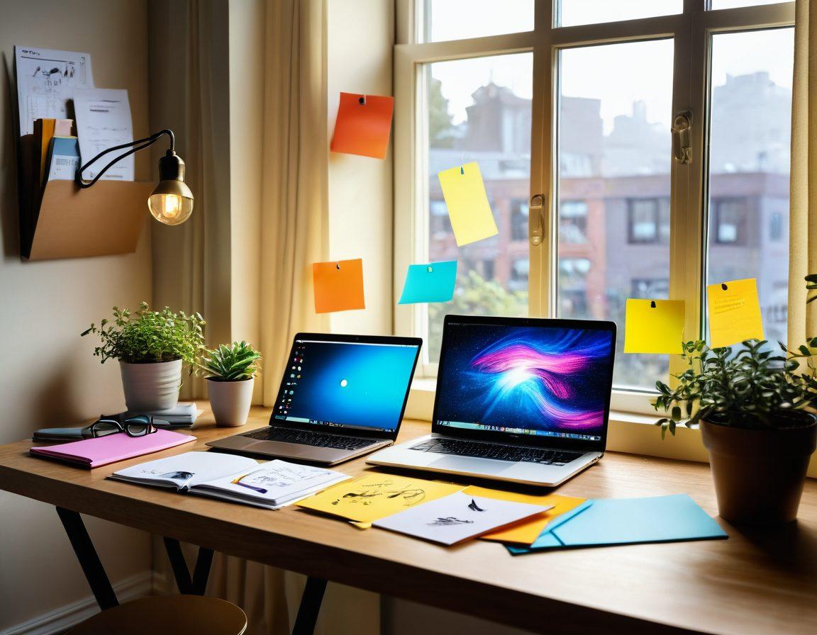 An inspiring scene depicting a modern workspace with a glowing laptop, surrounded by colorful sticky notes filled with ideas, a steaming cup of coffee, and a notepad with sketches. Incorporate elements of growth like a small plant sprouting next to the laptop, symbolizing transformation. A bright window in the background revealing a sunny outdoor view, suggesting creativity flows freely. super-realistic. vibrant colors. warm tones.