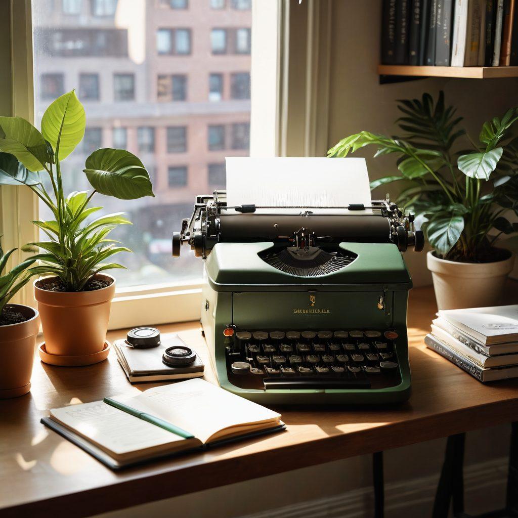 An elegant workspace featuring a vintage typewriter, a sleek laptop displaying financial graphs, and a stack of colorful notebooks filled with creative content ideas. Soft sunlight filters through a nearby window, illuminating a thoughtfully arranged coffee cup and a plant in the corner. The atmosphere should evoke inspiration and productivity. super-realistic. warm colors. inviting atmosphere.