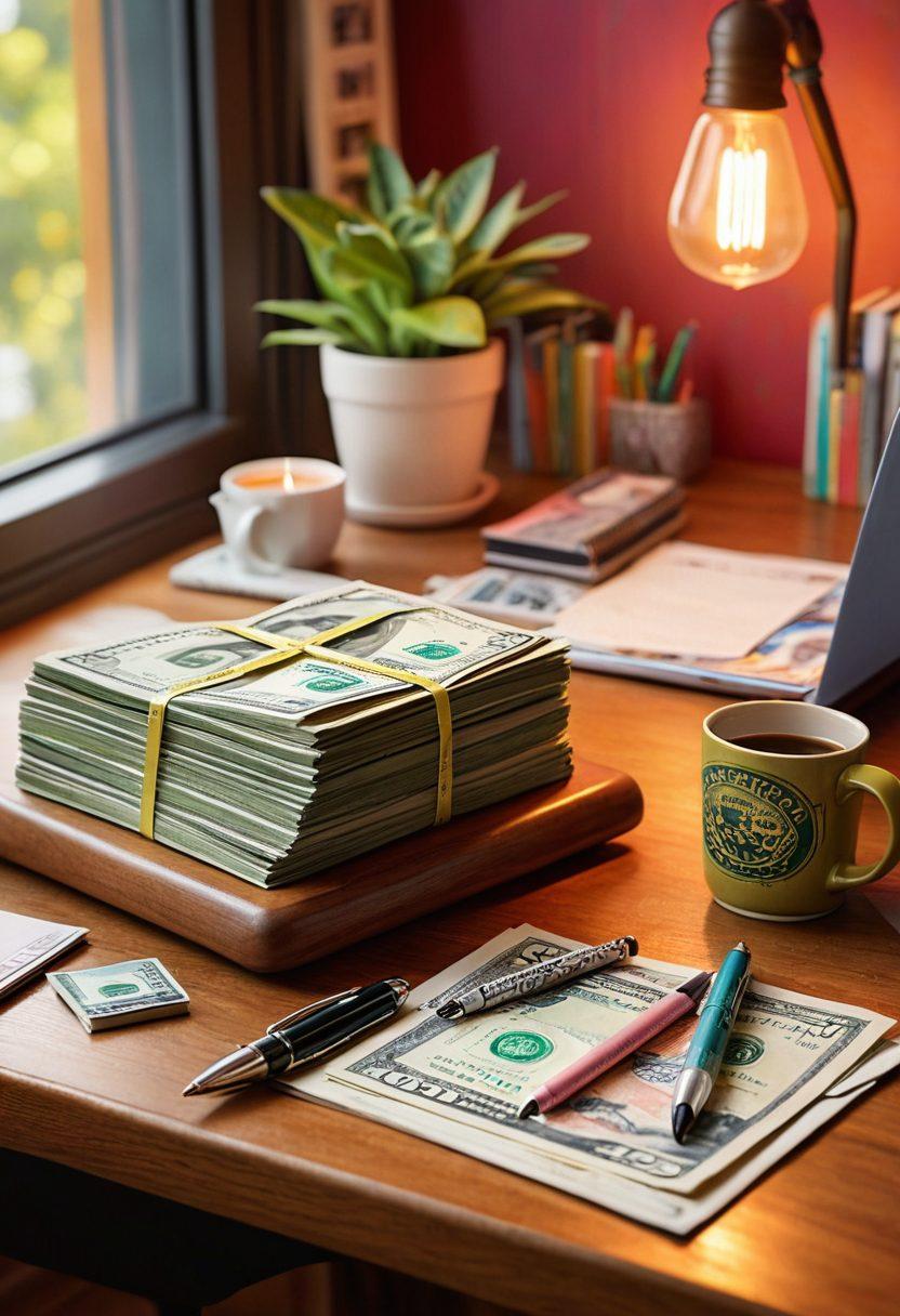An artistic representation of a balanced scale, where one side holds a stack of crisp dollar bills and the other a collection of colorful blog posts and pens. In the background, a cozy workspace with a laptop, a coffee mug, and motivational quotes adorning the walls. The scene is bathed in warm, inviting lighting to create a sense of harmony and productivity. super-realistic. vibrant colors. cozy atmosphere.